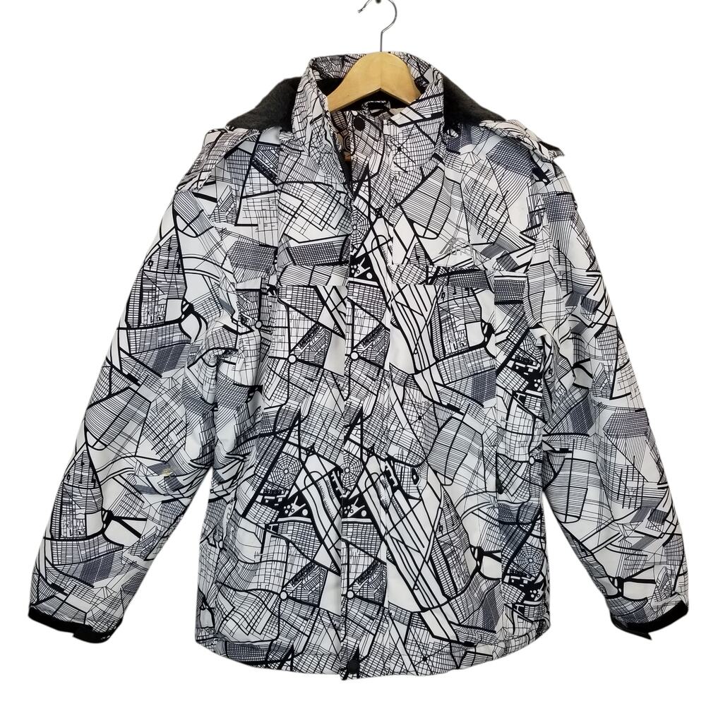 OTU Men's Snowboarding Ski Hooded Jacket Black White Full Zip Size Medium